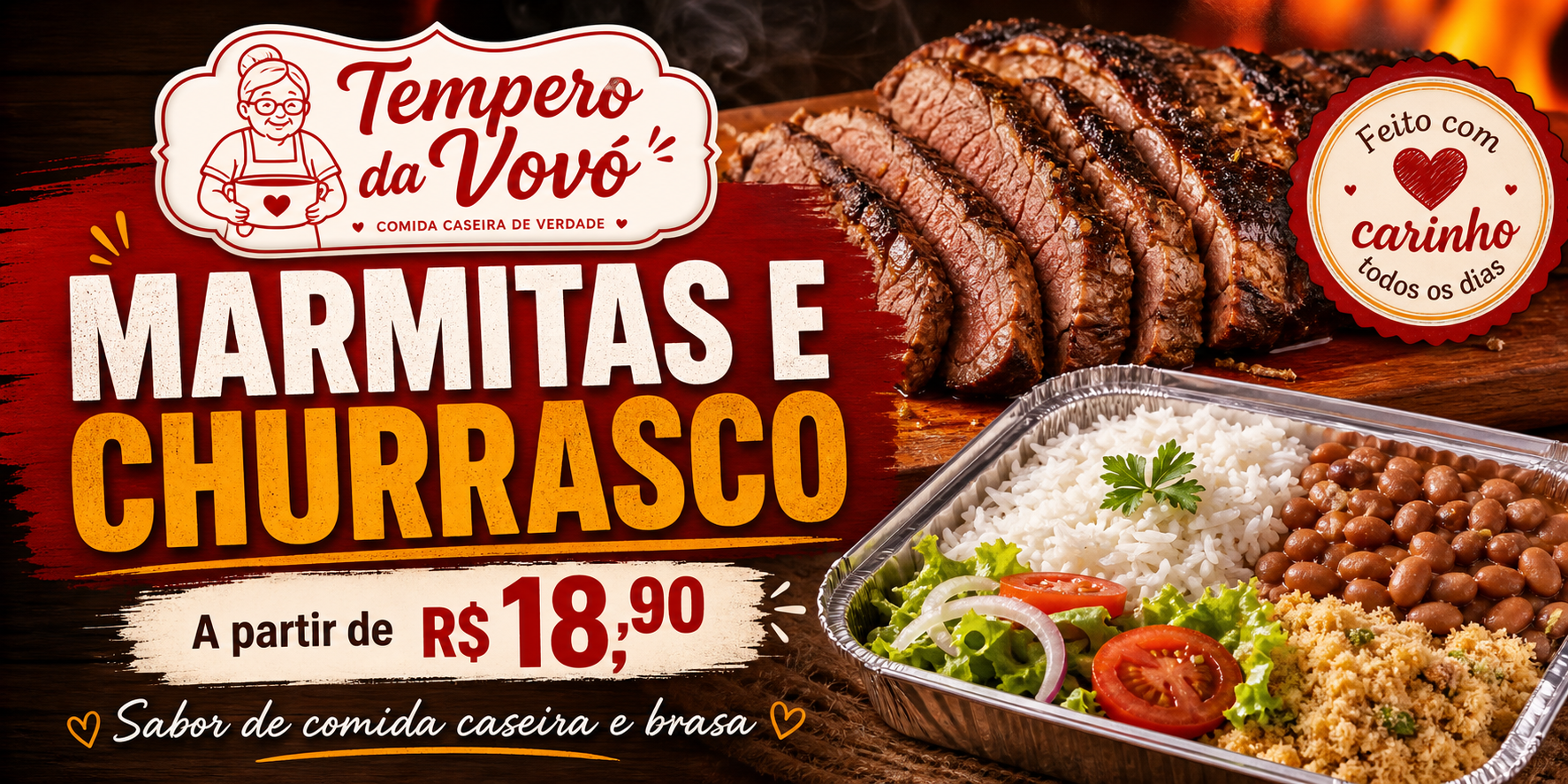 Banner promocional de churrasco e marmitas